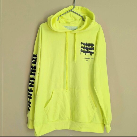 Off-White Print Streetwear Men's Hoodie Neon Yellow Size L - Picture 1 of 7